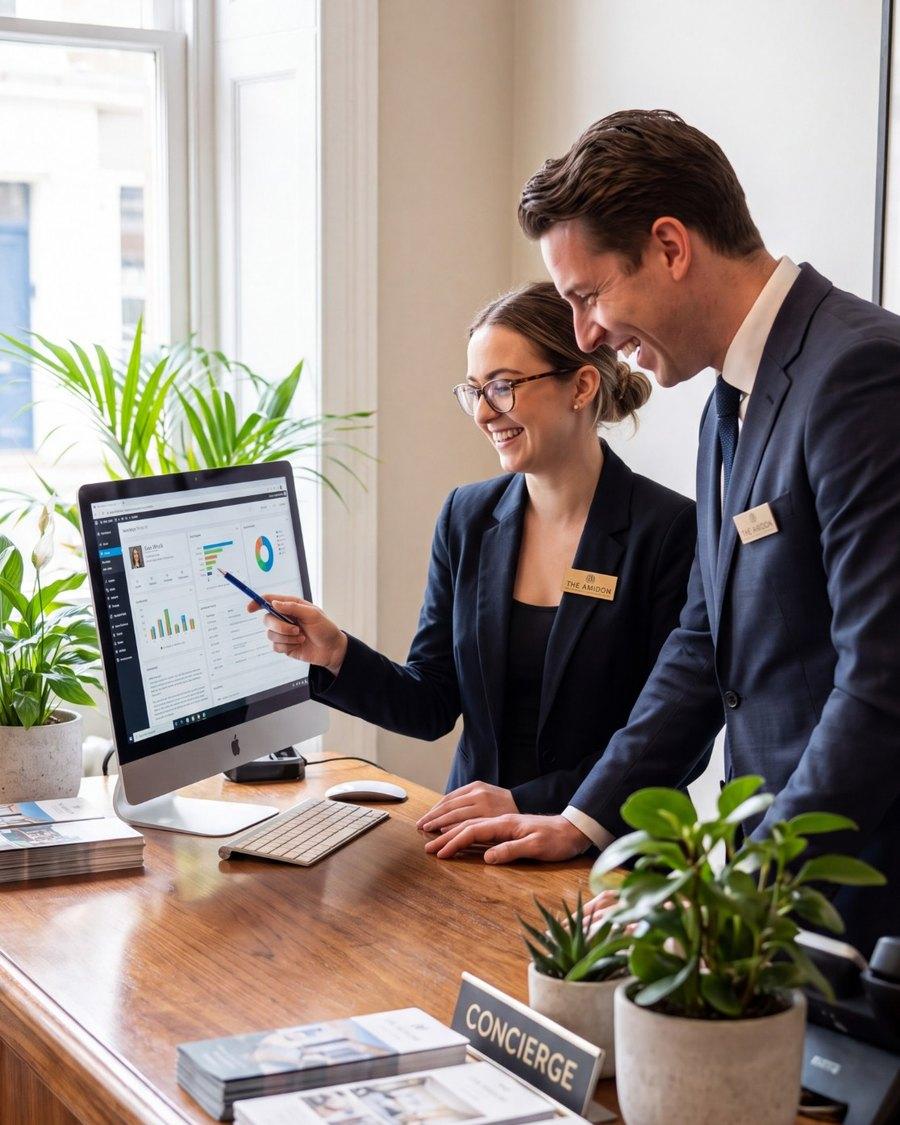 Two hotel receptionists at the front desk, looking together at a guest dashboard on a screen.